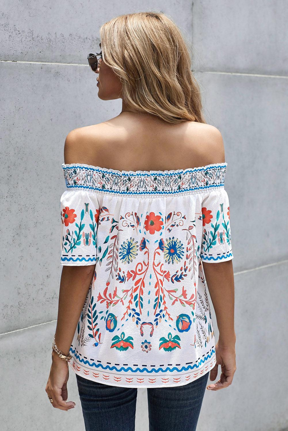 Floral Smocked Half Sleeve Off-Shoulder Top - Top